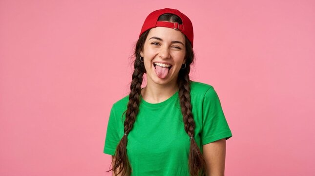 Cheerful young woman with long braided hair, bright green t-shirt, and red backwards baseball cap, sticking out tongue playfully against pink studio background in a fun portrait