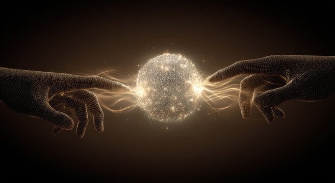 Digital wireframe human hands touching a glowing light sphere in deep space. A futuristic concept of technological connection and scientific innovation.