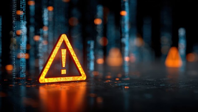 Glowing digital warning icon on a dark background representing cyber security threats. Concept for system error, online risk, and network safety.