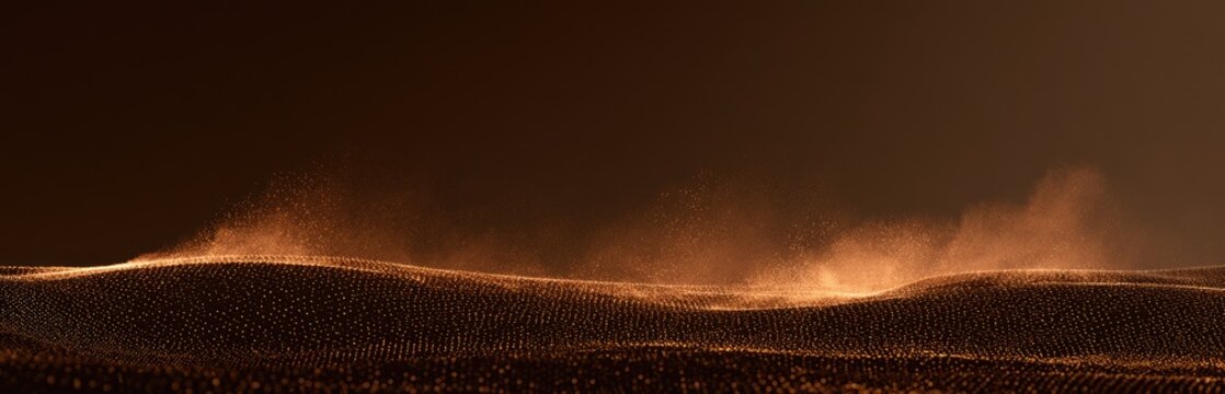Wavy orange particles form abstract waves in a dark, hazy environment