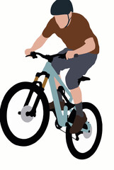 Fototapeta premium Hand-traced vector illustration of a male mountain biker performing a bunny hop trick on a teal mountain bike, wearing helmet, brown shirt, and gray shorts, dynamic isolated icon