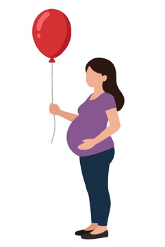 Hand-traced vector illustration of a pregnant woman gently holding a glossy red balloon, depicted in side profile wearing a purple top and dark blue pants with flat shoes