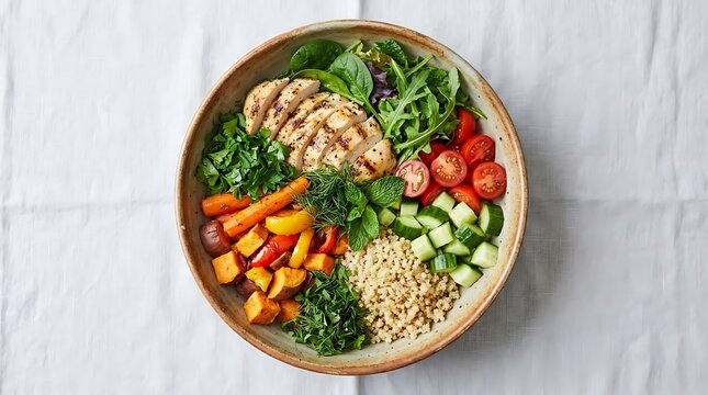 Fresh healthy bowl with grilled chicken slices and colorful garden vegetables served in a round bowl. Kosher meal ideas