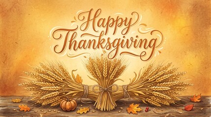 Fototapeta premium Happy Thanksgiving greeting with wheat bundles and autumn leaves on wooden table