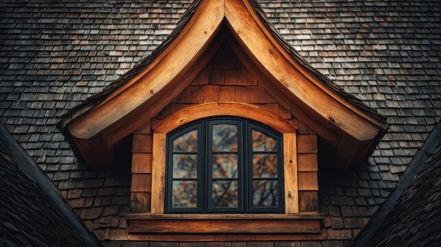 A close-up of a charming wooden dormer window set into a rustic shingle roof. This cozy architectural detail is perfect for home renovation design concepts.