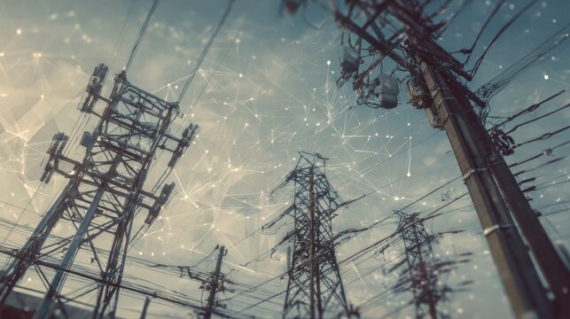 Electricity transmission towers with orange glowing wires the starry night sky. Energy infrastructure concept, energy, electricity, voltage, supply, pylon, technology