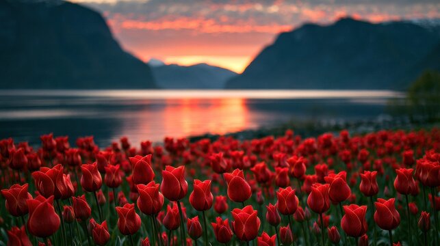 A vast field of vibrant red tulips blooms under a dramatic sunset over a serene lake. This peaceful nature scene is perfect for seasonal travel campaigns.
