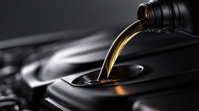 Pouring golden engine oil into a modern car engine compartment highlighting vehicle maintenance and lubrication essential for performance and durability