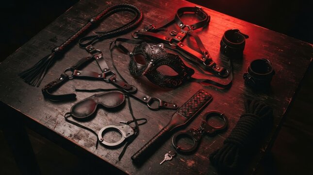 Collection of metal handcuffs and leather restraints on dark red surface illustration