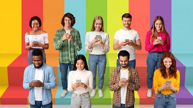 Young diverse people using smartphones on colorful background