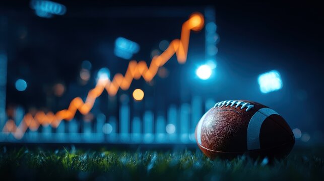 A professional American football sits on stadium grass before a glowing digital growth chart. Perfect for sports analytics, revenue growth, or betting industry concepts.