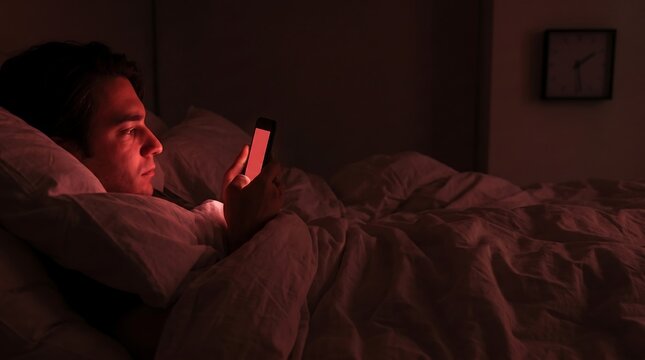 Young man using smartphone in bed at night with red light glow