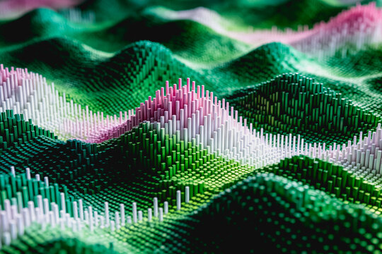 A close-up 3D render of a stylized landscape composed of tiny colored cylinders, showing layered undulating terrain with green, pink, and white elements.