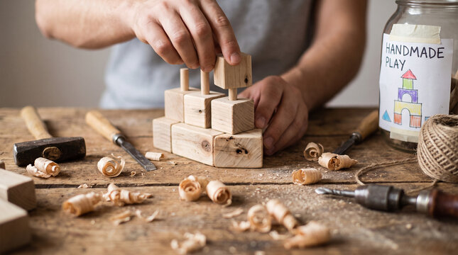 Person assembling a handmade wooden toy on a rustic workshop workbench
