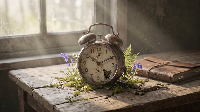 Vintage alarm clock with spring flowers on a rustic wooden table by a window