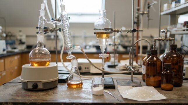 Pharmaceutical solvent setup with distillation flask, separatory funnel, amber bottles, crystalline powders, and stainless tubing on a clean lab bench