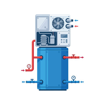 Industrial heat pump and water heating system flat vector illustration
