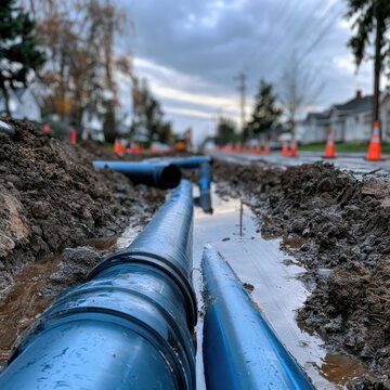 Installation of large blue drainage pipes in a muddy trench beside a residential street with construction cones during cloudy weather conditions