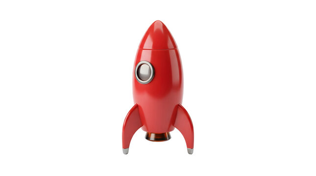 Minimalist red toy rocket ship on black background
