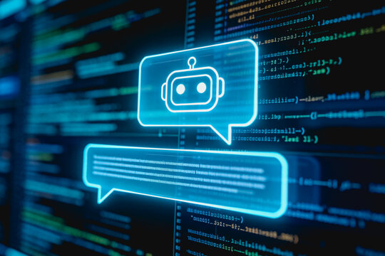 A holographic chatbot icon displayed over programming code, representing AI and automated digital communication.