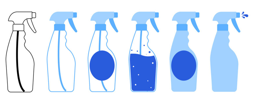 Set of six blue trigger spray bottles showing outlines labels liquid bubbles solid drip styles. Ideal for cleaner disinfectant chemical household wash product apps logos packaging graphic kits