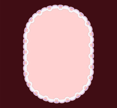 Ivory lattice trim with pink salmon blossom scallops wraps tall ellipse pastel center on burgundy as Victorian crochet. ornament isolated for wedding invitation cards or romantic stationery layouts.