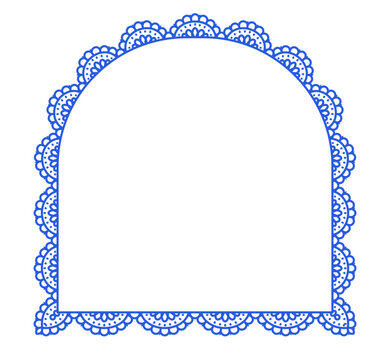 Cobalt bold eyelet scallop lace arch border with broderie anglaise cutwork trim forms tall tombstone frame on white. as classic vintage edging for wedding invitations or cottagecore label cards.
