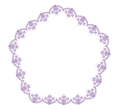 Lavender folk floral lace circular wreath with flower scallops plus tiny crown accents forms vintage round ornament isolated on white for wedding labels, badges or cottagecore invitation stationery.