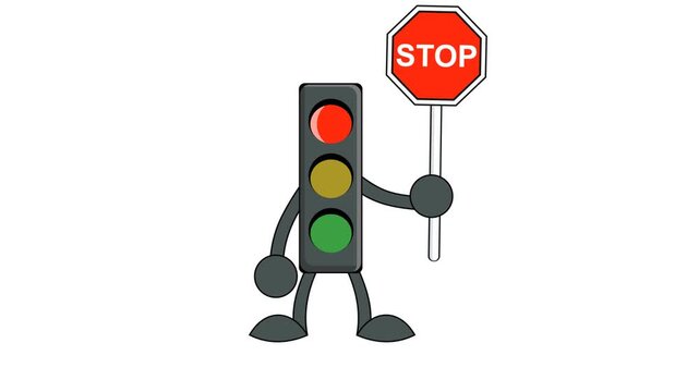 Cute cartoon traffic light mascot character holding a stop sign, isolated on white background.