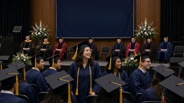 Candid digital photography of diverse college graduation ceremony capturing joyful student with academic regalia amidst faculty on stage educational achievement symbolism