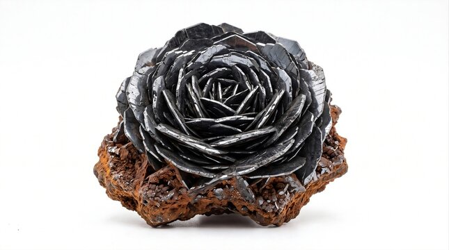 Natural hematite iron rose specimen featuring layered metallic black rosette-shaped crystals on a brown mineral matrix.
