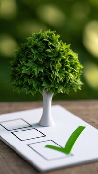 Small model tree standing on a checklist with a bold green checkmark symbolizing environmental approval and sustainable choices concept with blurred green backg