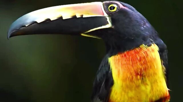 Close up portrait of a colorful toucan bird in the wild tropical rainforest jungle habitat.