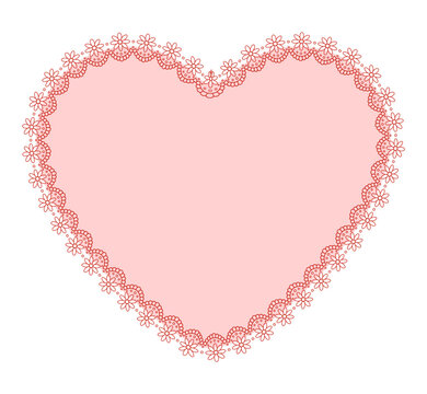 Rose daisy eyelet lace heart border with broderie anglaise cutwork trim encloses pale pink center on white as vintage. decorative frame for wedding valentine invitations or feminine labels.