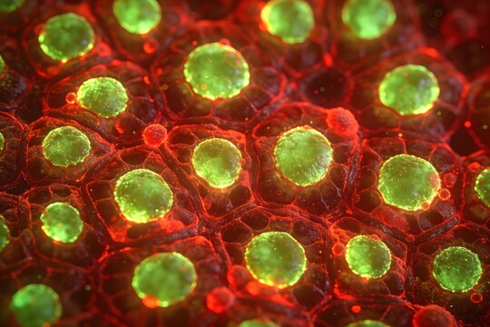 Brown adipose tissue cells under fluorescence microscope