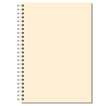 Portrait notebook page shows silver side coils, cream blank paper surface, neat perimeter, soft shadow, white backdrop. For printable stationery, education, office writing, notes, planning