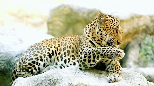 Beautiful Leopard Cat Resting Peacefully on Large Rock Surface