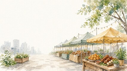 Obraz premium Hand-painted watercolor city street food market scene with festive stalls under trees, vibrant culinary atmosphere, ideal for urban lifestyle editorials and cultural storytelling