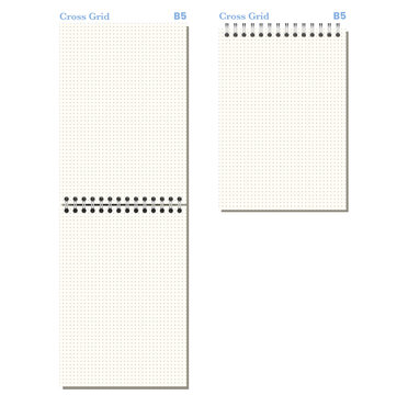 Ivory cross grid notebook page shows fine crosshatched squares, black wire binding, and varied formats on light gray background. Suitable for schoolwork, planning, stationery layouts, notes and