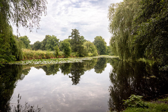  Tree-lined Alster canal with calm reflective water through a residential area of Hamburg, Germany.