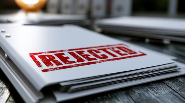 Stack of documents with bold red stamp indicating rejection placed on a wooden surface in a modern office environment