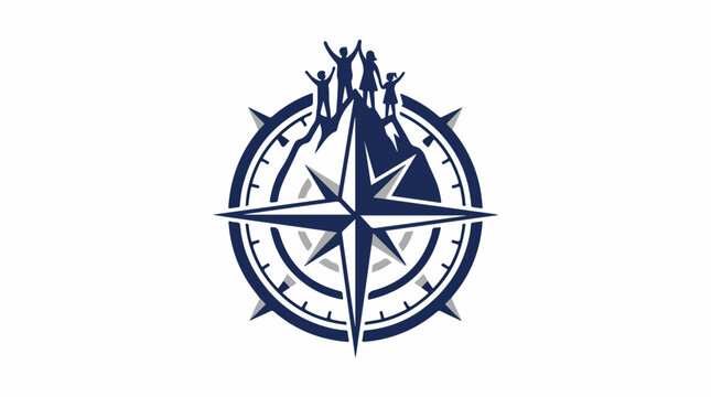 A minimalist hiking logo featuring a compass rose where the northern needle transforms into a family group standing on a summit. Navy blue and silver color palette. Precise lines, adventurous