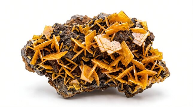 Natural wulfenite mineral specimen featuring vivid orange-yellow thin tabular crystals densely arranged on a dark matrix, isolated on white.