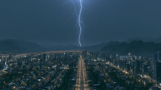 A powerful lightning strike illuminates a dark night sky over a sprawling city with glowing streets. Perfect concept for severe weather and urban power outage themes.