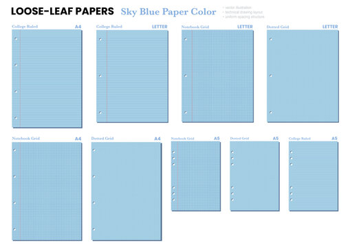Blue LETTER loose leaf dotted grid set displays punched holes and flat vector linework. For printable stationery, worksheets, planners, notes, office, school, writing, organization, layouts