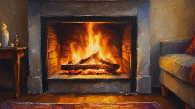 Oil Painting Style Living Room with Fireplace, Flames Flickering and Dancing, Warm Cozy Glow