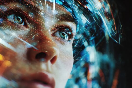 Thoughtful woman wearing futuristic helmet with digital reflections and glowing light effects symbolizing advanced technology and innovation