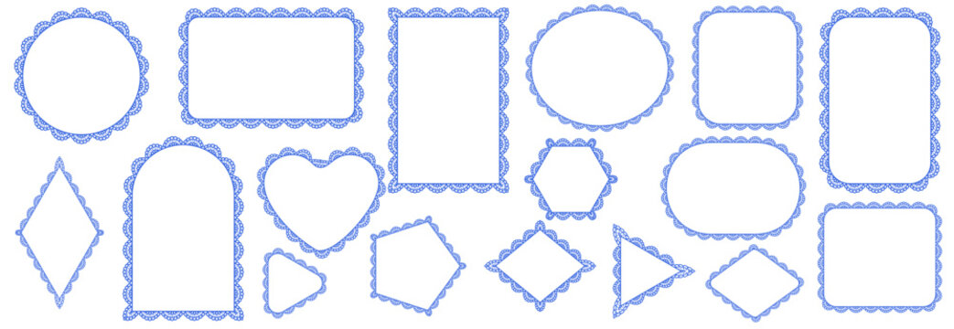 Periwinkle bold eyelet scallop lace borders outline circle, heart, oval, arch, diamond plus hexagon frames on white as classic vintage cutwork trim for wedding invitations or cottagecore craft labels.