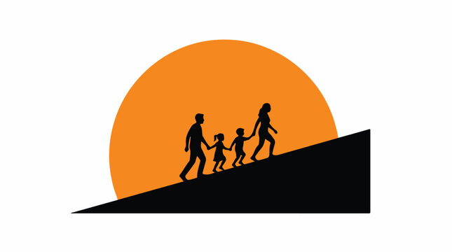 Large solid orange half-circle sun as a backdrop for a family silhouette walking up a steep slope, minimalist arc composition, high energy and warmth, black and orange limited palette, trace