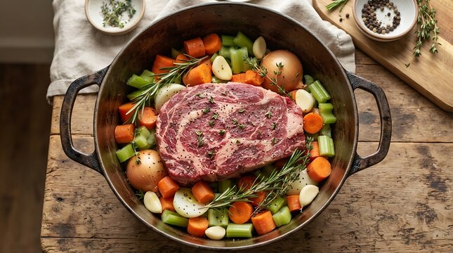 A raw flame-boneless chuck roast prepared in a cast iron pot with fresh carrots, celery, onions, garlic, and rosemary herbs on a rustic wooden table.